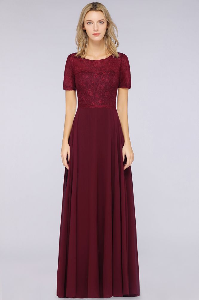 Elegant Short-Sleeves Long Bridesmaid Dress Chiffon Lace Round-Neck Evening Dress