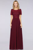 Elegant Short-Sleeves Long Bridesmaid Dress Chiffon Lace Round-Neck Evening Dress
