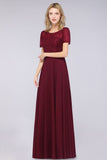 Elegant Short-Sleeves Long Bridesmaid Dress Chiffon Lace Round-Neck Evening Dress