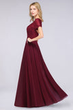 Elegant Short-Sleeves Long Bridesmaid Dress Chiffon Lace Round-Neck Evening Dress