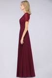 Elegant Short-Sleeves Long Bridesmaid Dress Chiffon Lace Round-Neck Evening Dress
