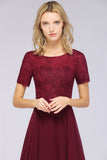 Elegant Short-Sleeves Long Bridesmaid Dress Chiffon Lace Round-Neck Evening Dress
