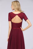 Elegant Short-Sleeves Long Bridesmaid Dress Chiffon Lace Round-Neck Evening Dress