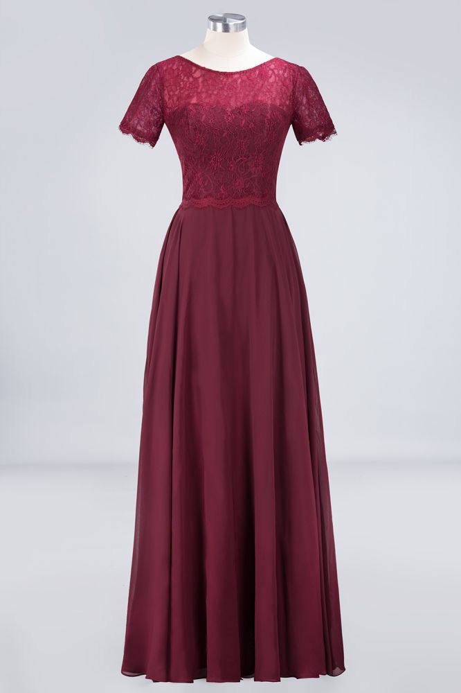 Elegant Short-Sleeves Long Bridesmaid Dress Chiffon Lace Round-Neck Evening Dress