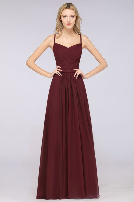 Elegant Spaghetti-Straps Sweetheart Sleeveless Bridesmaid Dress Ruffles Chiffon Evening prom Gowns
