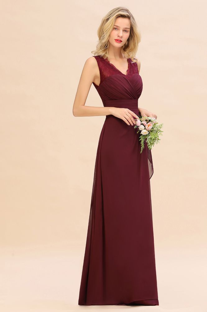 Elegant V-Neck a line Bridesmaid Dress Burgundy Backless Chiffon Party Prom Dress