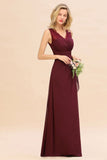 Elegant V-Neck a line Bridesmaid Dress Burgundy Backless Chiffon Party Prom Dress