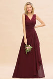 Elegant V-Neck a line Bridesmaid Dress Burgundy Backless Chiffon Party Prom Dress