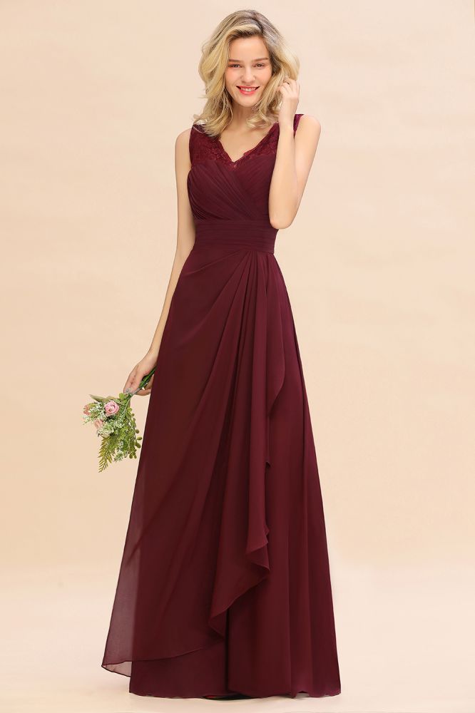 Elegant V-Neck a line Bridesmaid Dress Burgundy Backless Chiffon Party Prom Dress