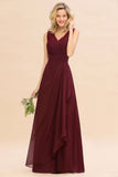 Elegant V-Neck a line Bridesmaid Dress Burgundy Backless Chiffon Party Prom Dress
