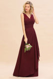 Elegant V-Neck a line Bridesmaid Dress Burgundy Backless Chiffon Party Prom Dress