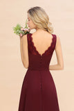 Elegant V-Neck a line Bridesmaid Dress Burgundy Backless Chiffon Party Prom Dress