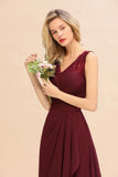 Elegant V-Neck a line Bridesmaid Dress Burgundy Backless Chiffon Party Prom Dress