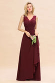 Elegant V-Neck a line Bridesmaid Dress Burgundy Backless Chiffon Party Prom Dress