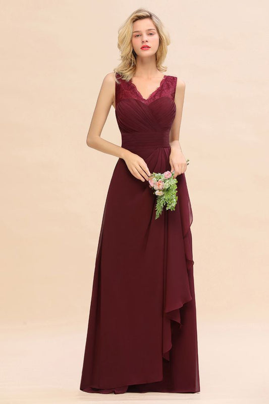 Elegant V-Neck a line Bridesmaid Dress Burgundy Backless Chiffon Party Prom Dress