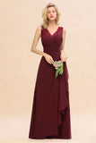 Elegant V-Neck a line Bridesmaid Dress Burgundy Backless Chiffon Party Prom Dress