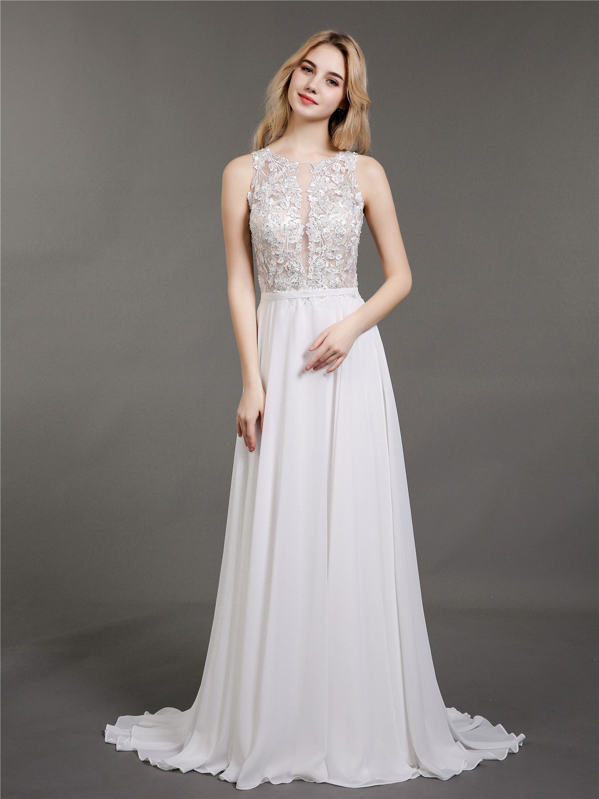 Spitze und Chiffon mit Perlen Brautkleid-Elfenbein Brautkleider Brautkleider