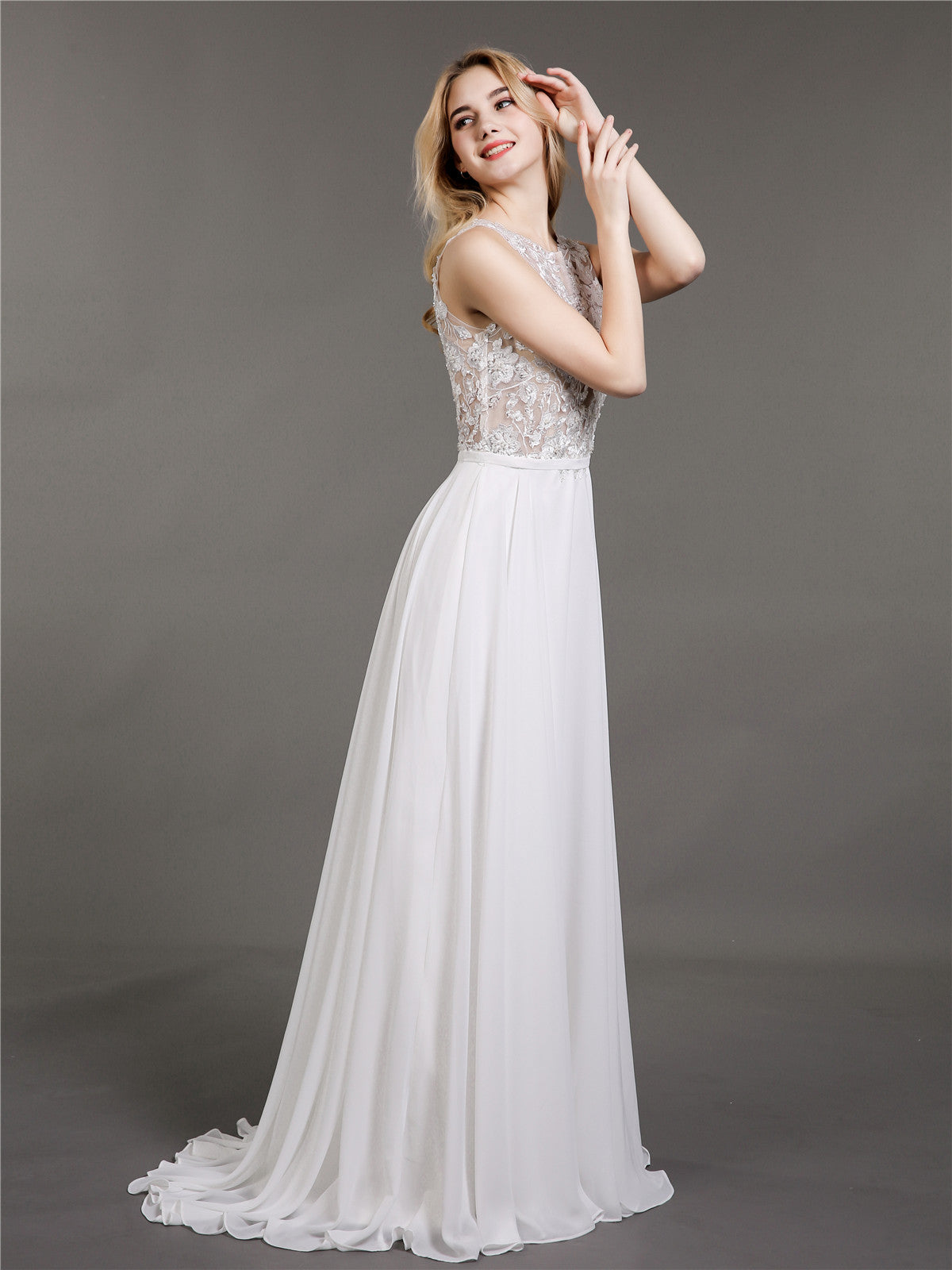 Spitze und Chiffon mit Perlen Brautkleid-Elfenbein Brautkleider Brautkleider