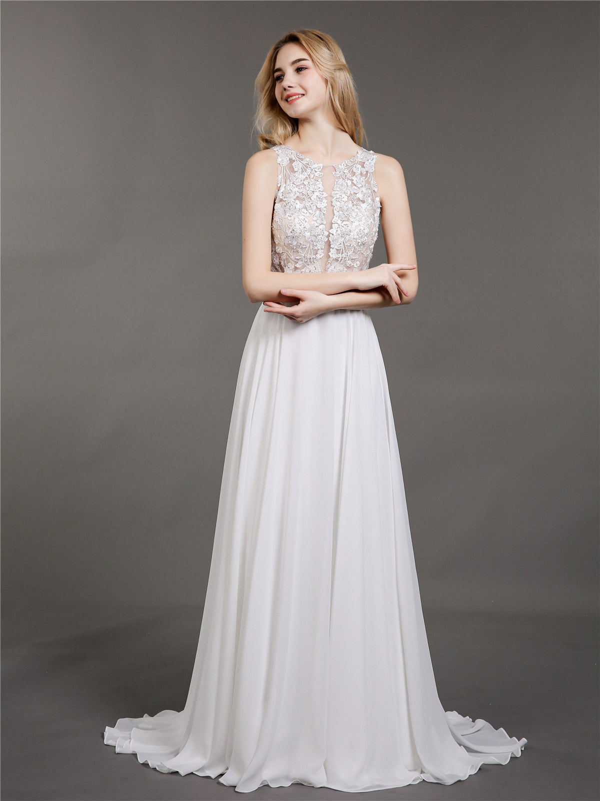 Spitze und Chiffon mit Perlen Brautkleid-Elfenbein Brautkleider Brautkleider