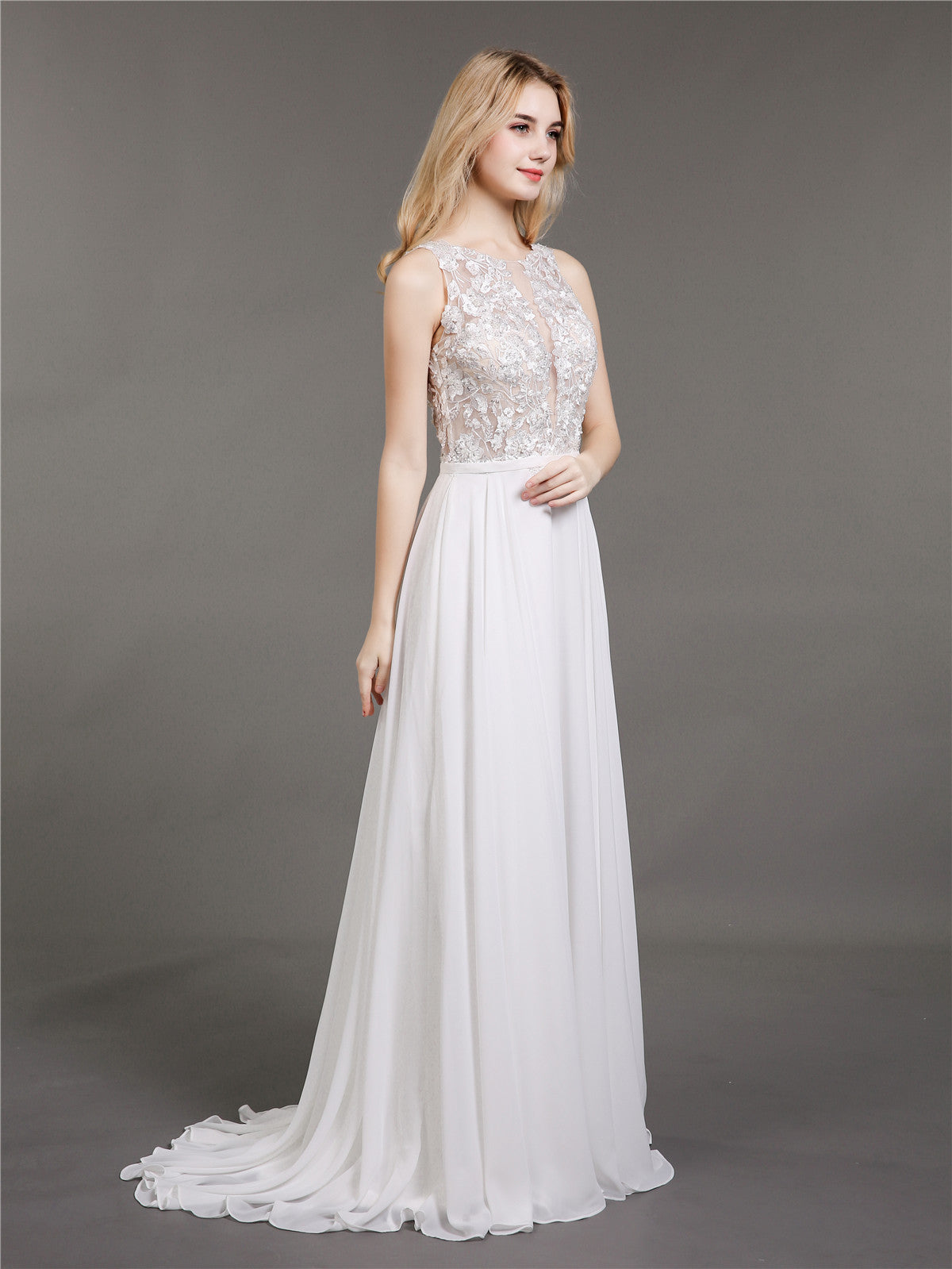 Spitze und Chiffon mit Perlen Brautkleid-Elfenbein Brautkleider Brautkleider