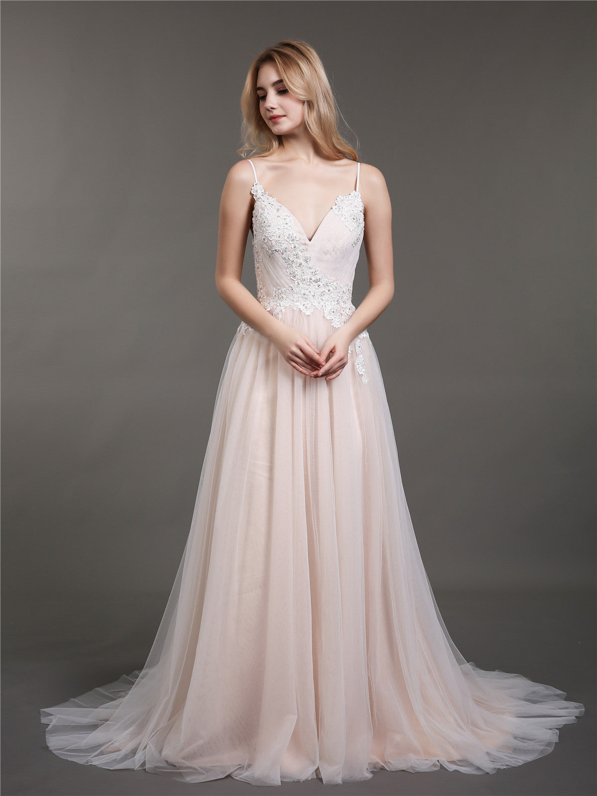Spaghetti Strap V-neck Wedding Dress with Train-Champagne Bridal Gowns Dresses