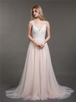 Spaghetti Strap V-neck Wedding Dress with Train-Champagne Bridal Gowns Dresses