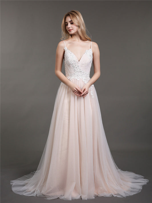 Spaghetti Strap V-neck Wedding Dress with Train-Champagne Bridal Gowns Dresses