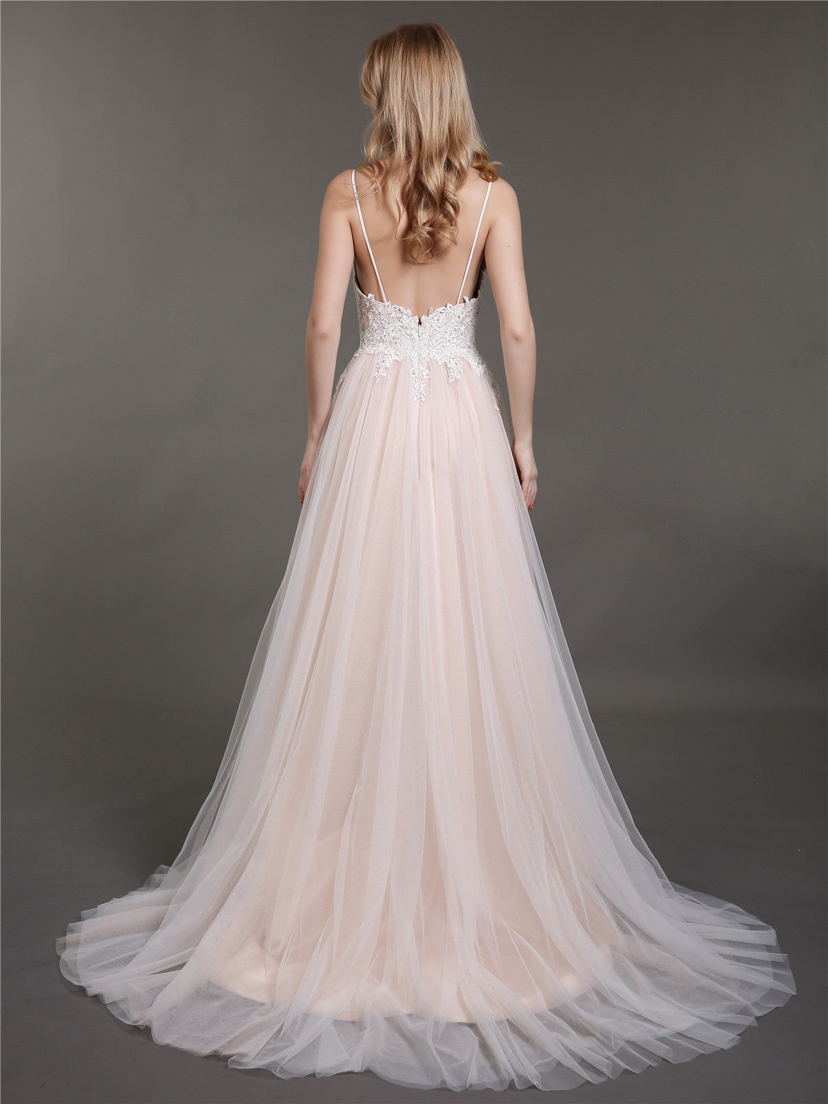 Spaghetti Strap V-neck Wedding Dress with Train-Champagne Bridal Gowns Dresses