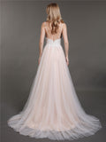 Spaghetti Strap V-neck Wedding Dress with Train-Champagne Bridal Gowns Dresses