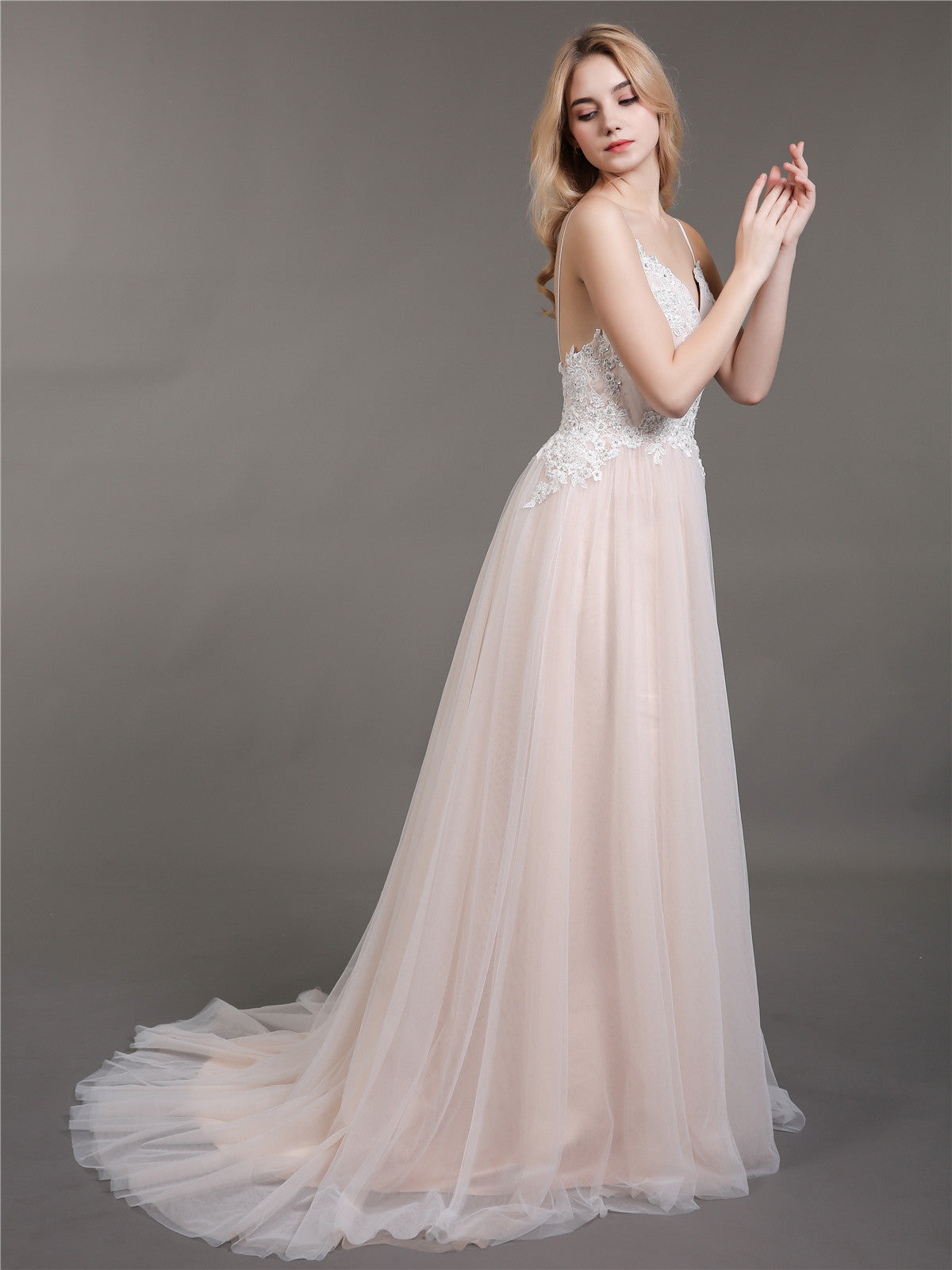 Spaghetti Strap V-neck Wedding Dress with Train-Champagne Bridal Gowns Dresses