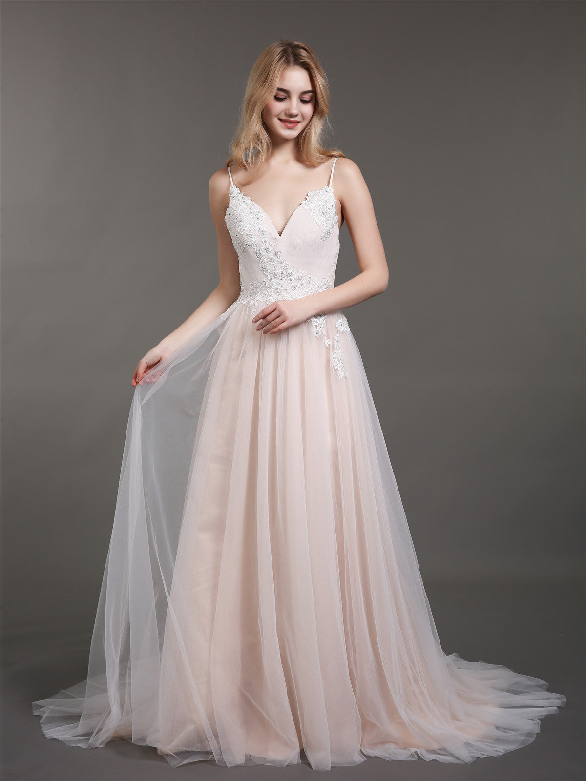 Spaghetti Strap V-neck Wedding Dress with Train-Champagne Bridal Gowns Dresses