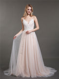 Spaghetti Strap V-neck Wedding Dress with Train-Champagne Bridal Gowns Dresses