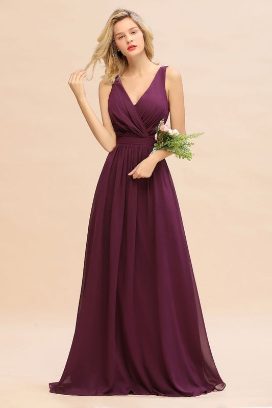 Fabulous Sleeveless Elegant Chiffon Bridesmaid Dress Long V-Neck Party Evening Gown