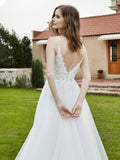 Spaghetti Straps Plunging V-Neck Lace Bodice Wedding Dress-Ivory Bridal Gowns Dresses