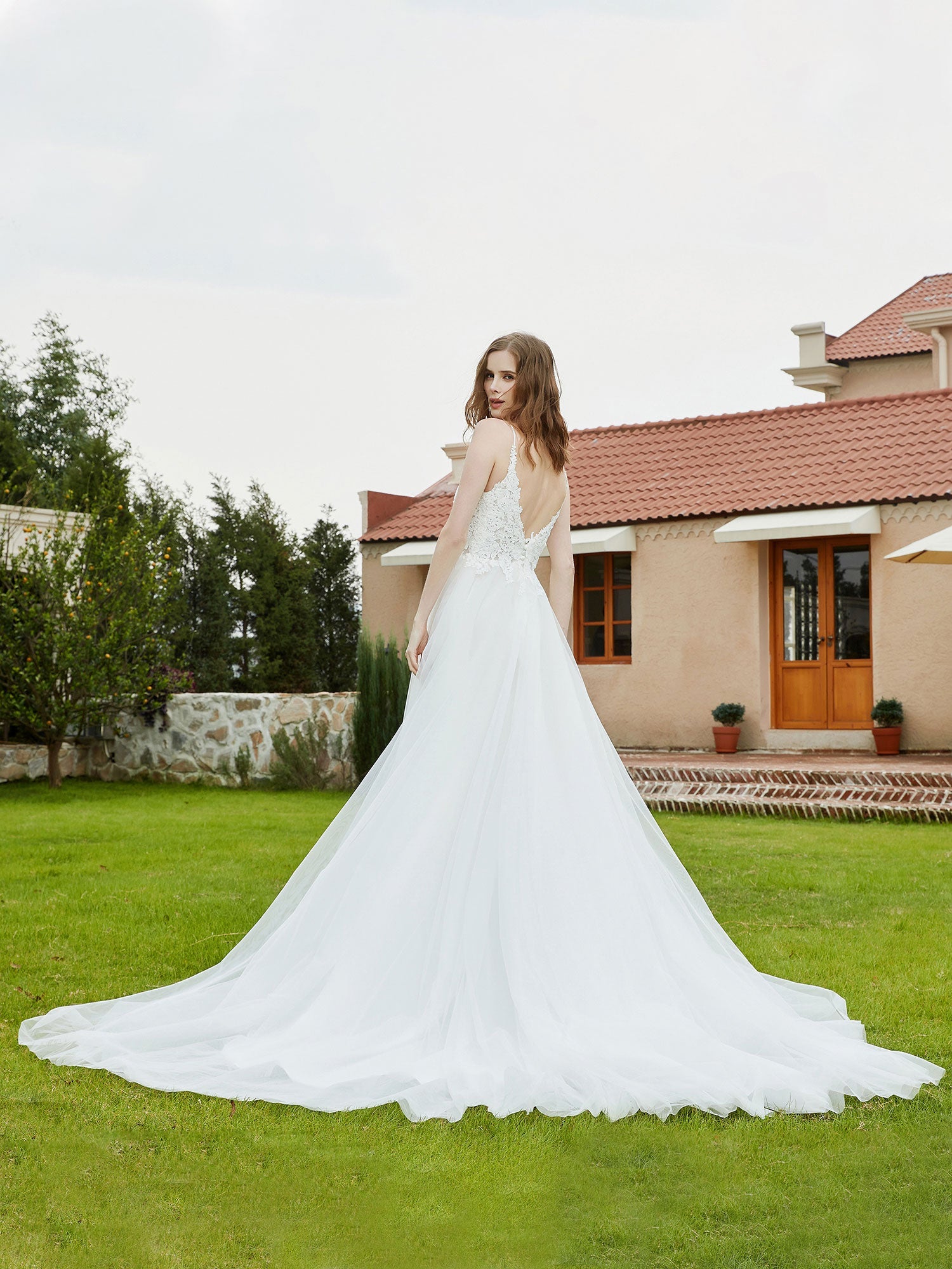 Spaghetti Straps Plunging V-Neck Lace Bodice Wedding Dress-Ivory Bridal Gowns Dresses