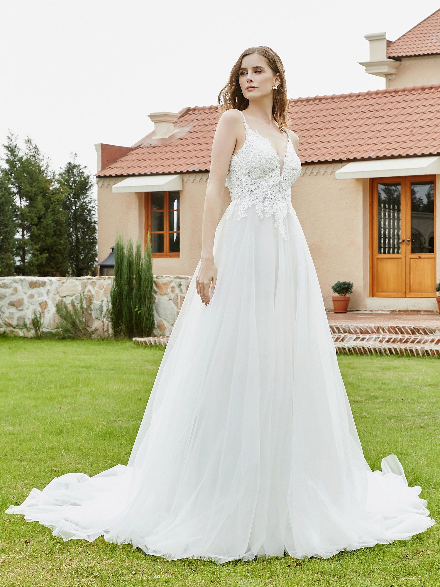 Spaghetti Straps Plunging V-Neck Lace Bodice Wedding Dress-Ivory Bridal Gowns Dresses