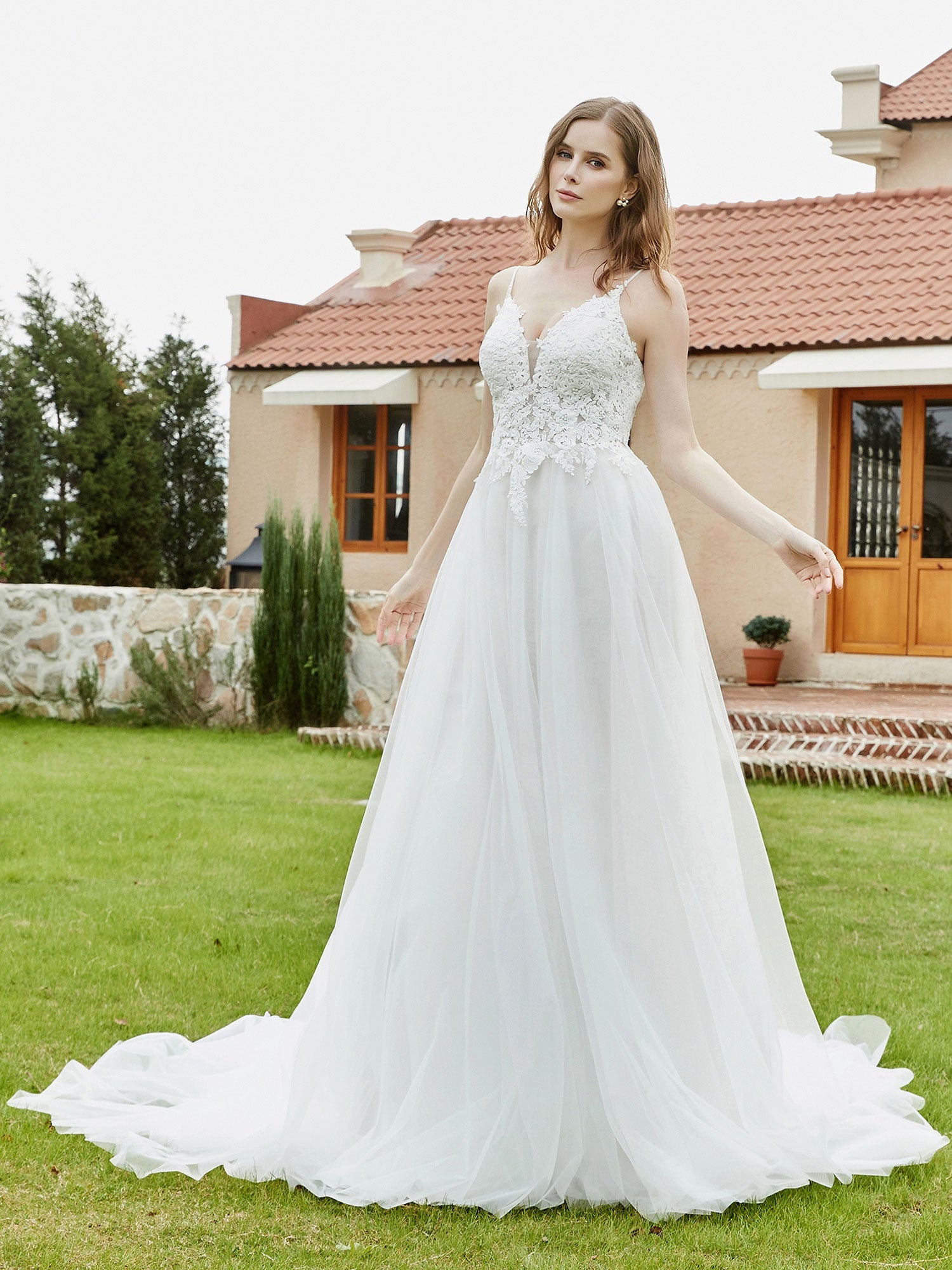 Spaghetti Straps Plunging V-Neck Lace Bodice Wedding Dress-Ivory Bridal Gowns Dresses