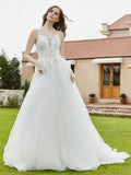 Spaghetti Straps Plunging V-Neck Lace Bodice Wedding Dress-Ivory Bridal Gowns Dresses