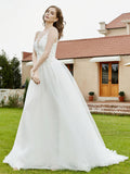 Spaghetti Straps Plunging V-Neck Lace Bodice Wedding Dress-Ivory Bridal Gowns Dresses