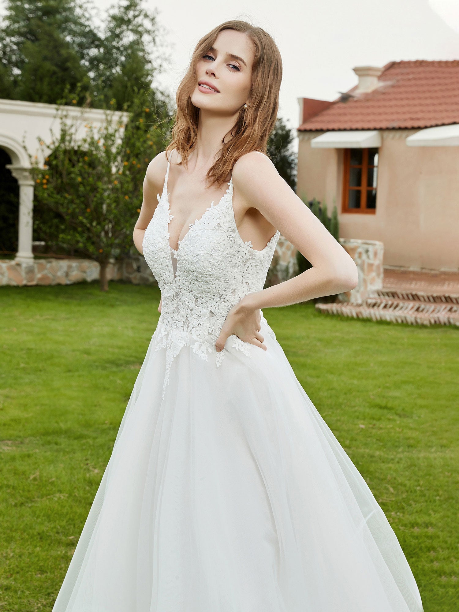 Spaghetti Straps Plunging V-Neck Lace Bodice Wedding Dress-Ivory Bridal Gowns Dresses
