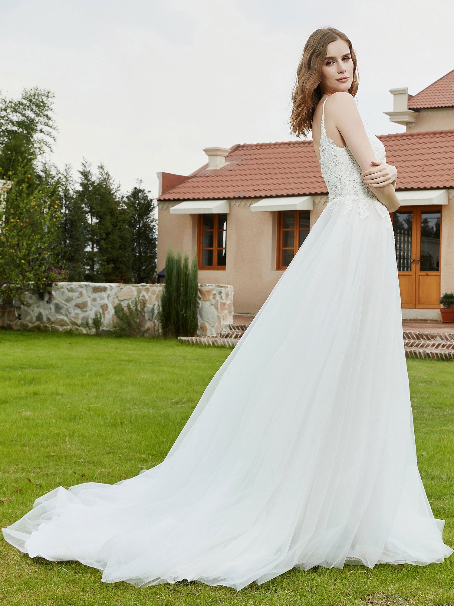 Spaghetti Straps Plunging V-Neck Lace Bodice Wedding Dress-Ivory Bridal Gowns Dresses