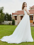 Spaghetti Straps Plunging V-Neck Lace Bodice Wedding Dress-Ivory Bridal Gowns Dresses