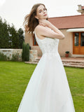 Spaghetti Straps Plunging V-Neck Lace Bodice Wedding Dress-Ivory Bridal Gowns Dresses