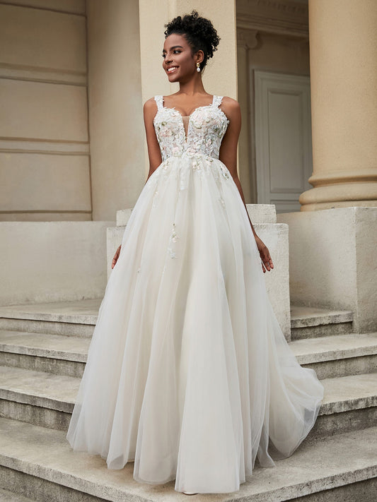 V-neck Flower Appliqued Tulle Wedding Dress As Picture Bridal Gowns Dresses
