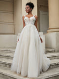 V-neck Flower Appliqued Tulle Wedding Dress As Picture Bridal Gowns Dresses