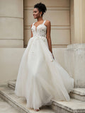 V-neck Flower Appliqued Tulle Wedding Dress As Picture Bridal Gowns Dresses