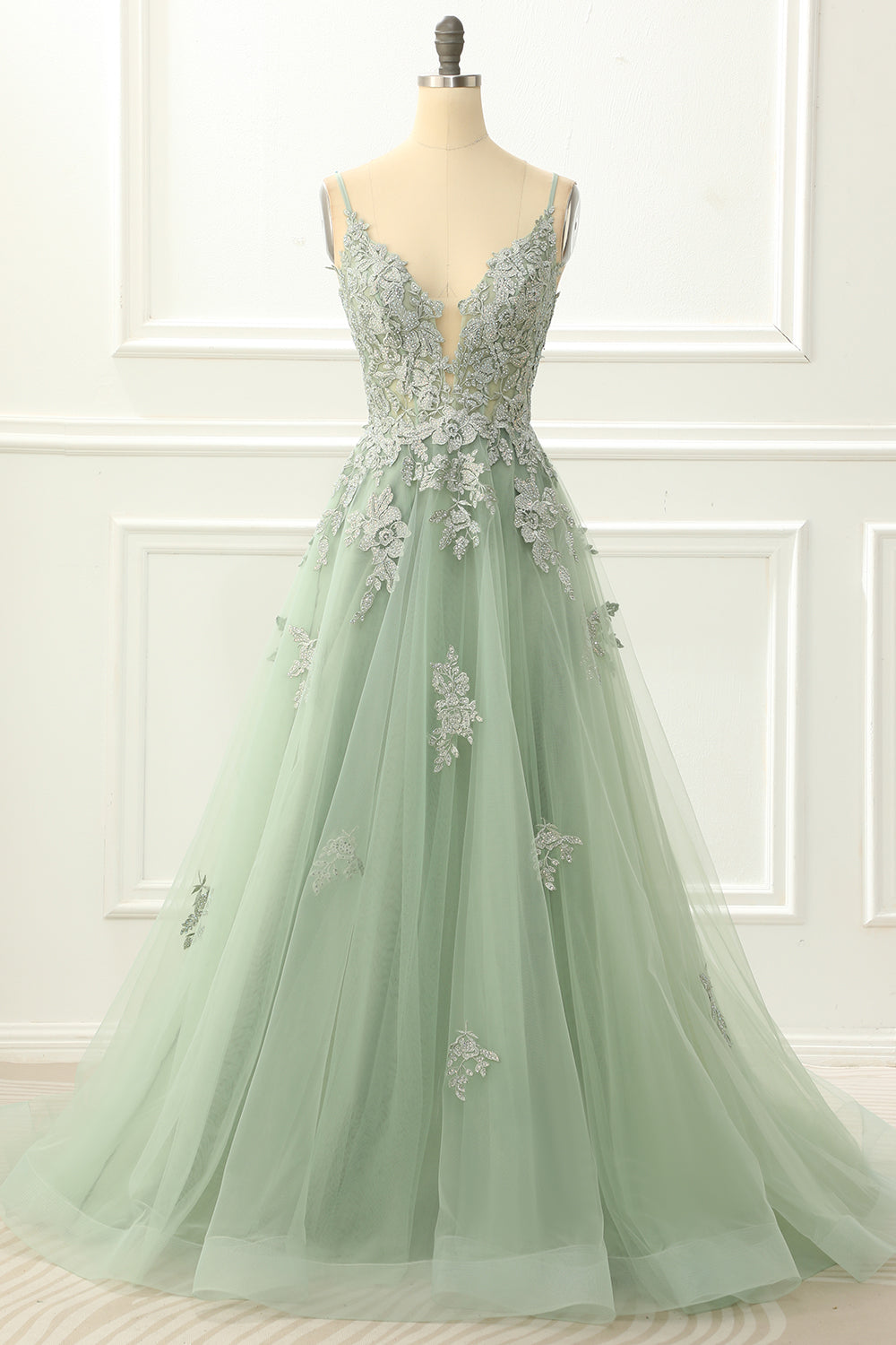 Spaghettiträger Tüll Lavendel Ballkleid mit Applikationen Formelle Abendkleider