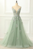 Vestido de fiesta de tul verde con tirantes finos y apliques, vestido de noche formal