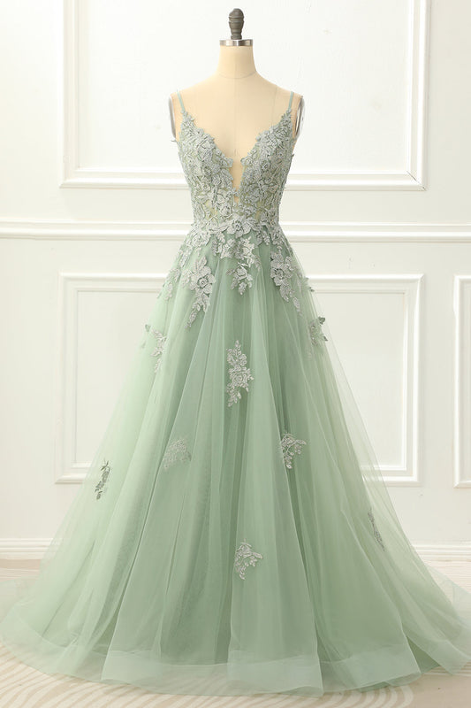Spaghetti Straps Tulle Green Prom Dress with Appliques Formal Evening Gowns