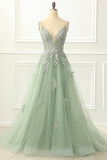 Vestido de fiesta de tul verde con tirantes finos y apliques, vestido de noche formal